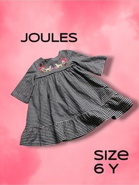 Joules Black & White Gingham Dress with Floral Embroidery Size 6 Y
